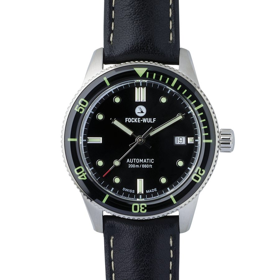 Watch with black dial and leather strap on a white background