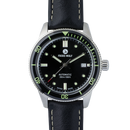 Watch with black dial and leather strap on a white background