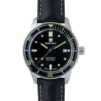 Watch with black dial and leather strap on a white background
