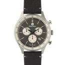 Wristwatch with black strap and detailed face on a white background