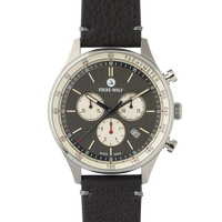 Wristwatch with black strap and detailed face on a white background